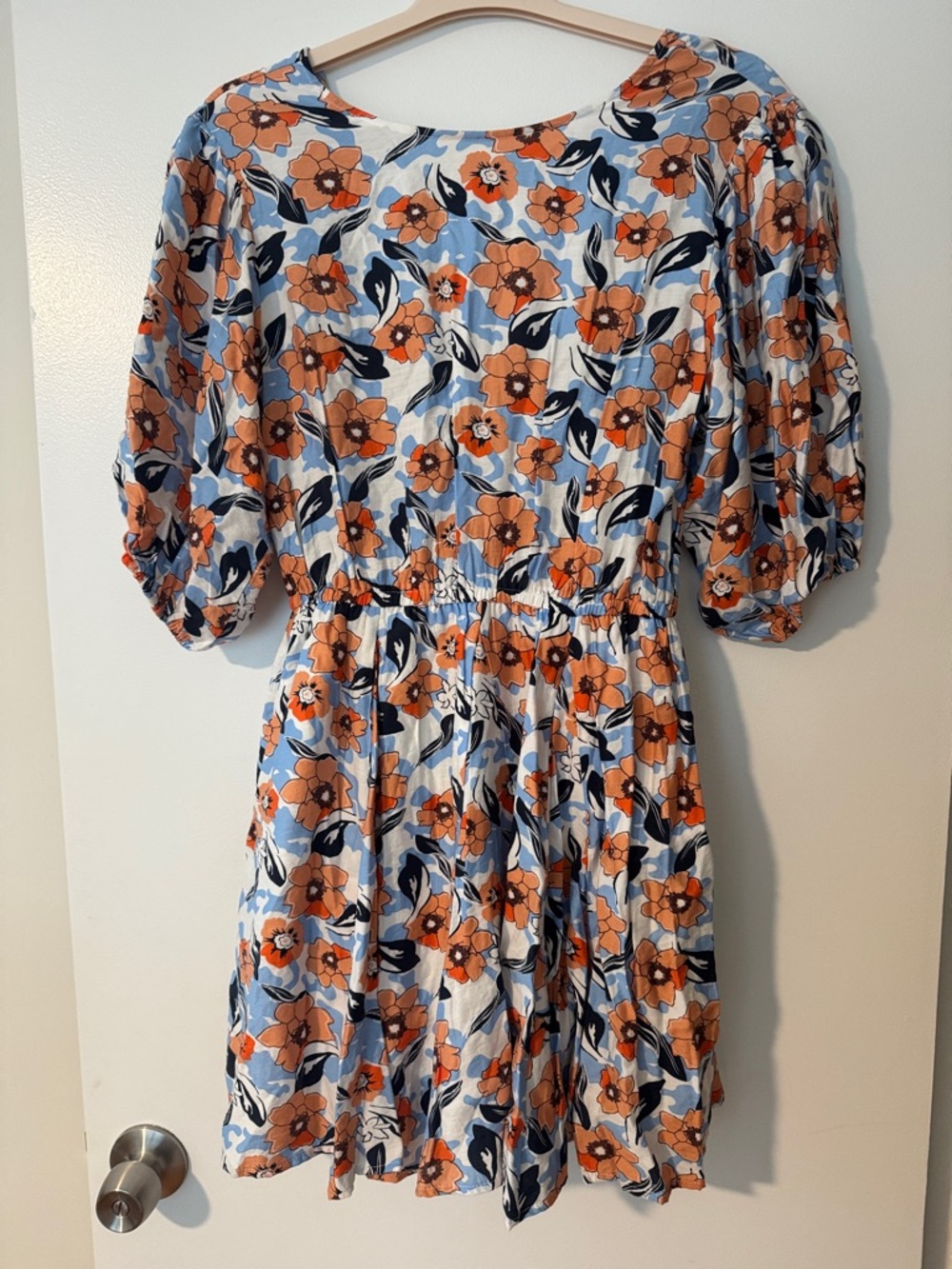 Melloday Floral Puff-Sleeve Summer Dress — Blue & Orange